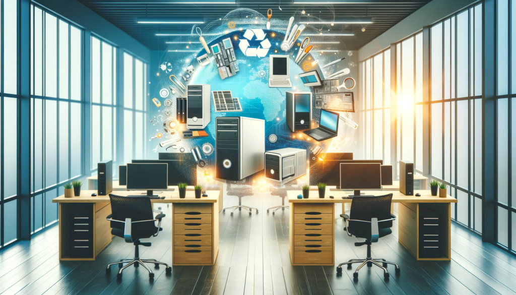 Bureau moderne montrant la revalorisation des équipements informatiques dans un cadre organisé et technologiquement avancé, illustrant une gestion durable de la technologie