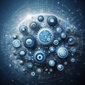 Illustration d'un réseau d'engrenages technologiques interconnectés, symbolisant l'évolution numérique et l'interdépendance des technologies dans l'écosystème informatique dans la Gestion de parc informatique