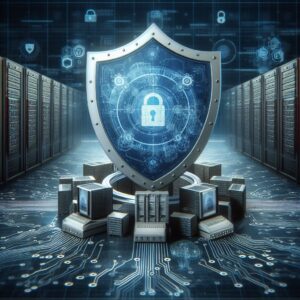 Bouclier numérique entourant un réseau informatique, symbolisant la sécurité renforcée dans la Gestion de parc informatique