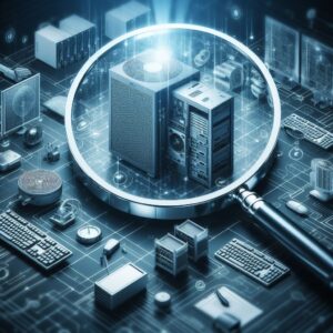 Loupe zoomant sur des équipements, symbolisant la phase d'inventaire et d'évaluation.