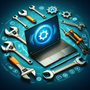 Outils informatiques tels que des clés à molette et des ordinateurs portables, symbolisant la maintenance régulière dans la Gestion de parc informatique