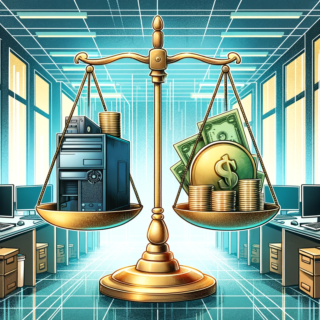Illustration montrant les avantages financiers du recyclage informatique dans un environnement d'entreprise. L'image présente une balance avec d'un côté du matériel informatique ancien et de l'autre des pièces et billets, symbolisant les gains financiers du recyclage. L'arrière-plan est un cadre de bureau, mettant l'accent sur l'aspect corporate du recyclage technologique et ses avantages économiques.
