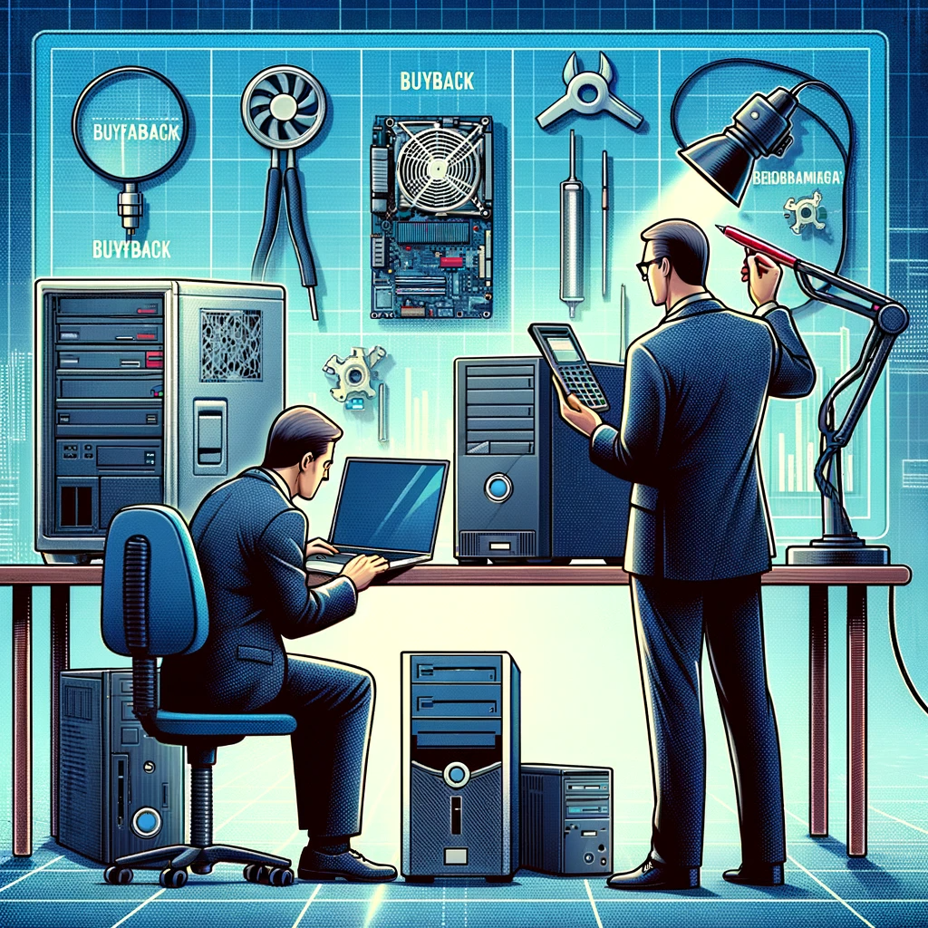 Illustration montrant un professionnel évaluant divers types d'équipements informatiques pour le rachat. L'image inclut des ordinateurs portables, des ordinateurs de bureau et des serveurs, avec des outils pour tester et évaluer leur condition et leur valeur, soulignant un processus d'évaluation méticuleux et détaillé dans un environnement d'entreprise