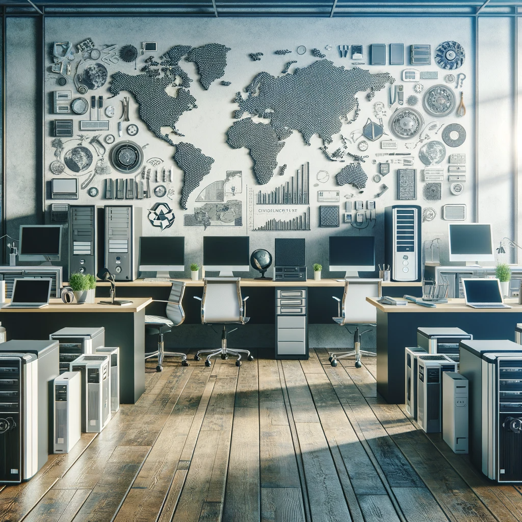 Espace de travail professionnel avec divers équipements informatiques usagés, y compris des ordinateurs portables, des ordinateurs de bureau, des moniteurs et des serveurs, organisés pour évaluation et revente potentielle. L'image reflète le recyclage technologique et la durabilité des entreprises, soulignant les pratiques écoresponsables dans un environnement d'entreprise.