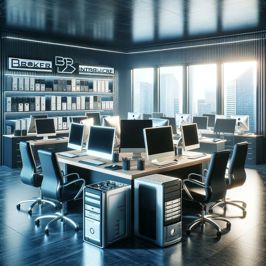 Un bureau moderne et organisé présentant divers ordinateurs et matériel informatique d'occasion prêts à être revendus, avec le logo de 'Broker Informatique' en arrière-plan, illustrant un engagement envers la durabilité et la revente responsable de matériel informatique d'occasion.